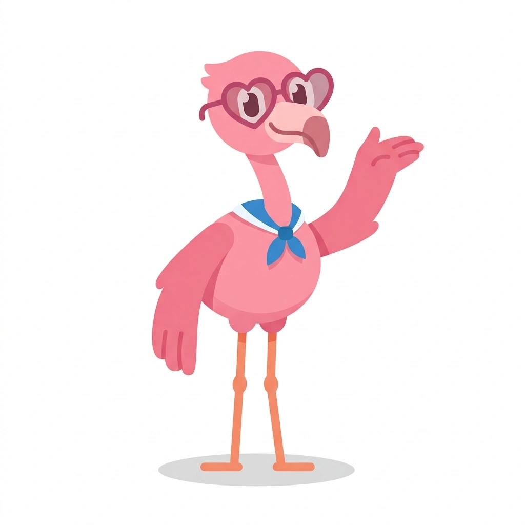 Flo the Flamingo, the guide who teaches the The Secret Life of Flamingos course