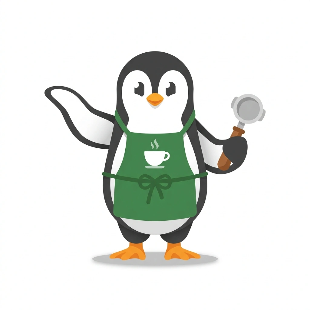 Puck the Penguin, the guide who teaches the Espresso: The Perfect Shot course