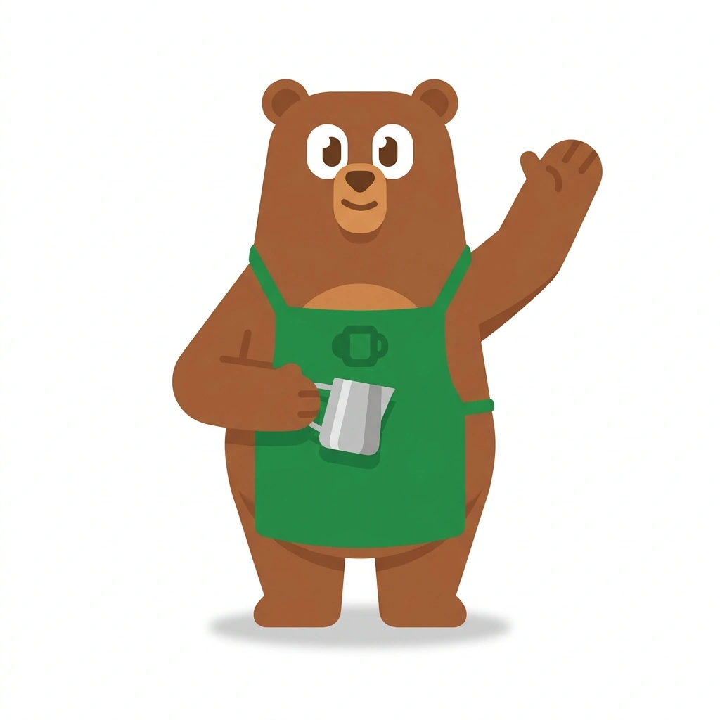 Bennie the Bear, the guide who teaches the Pouring Latte Art course