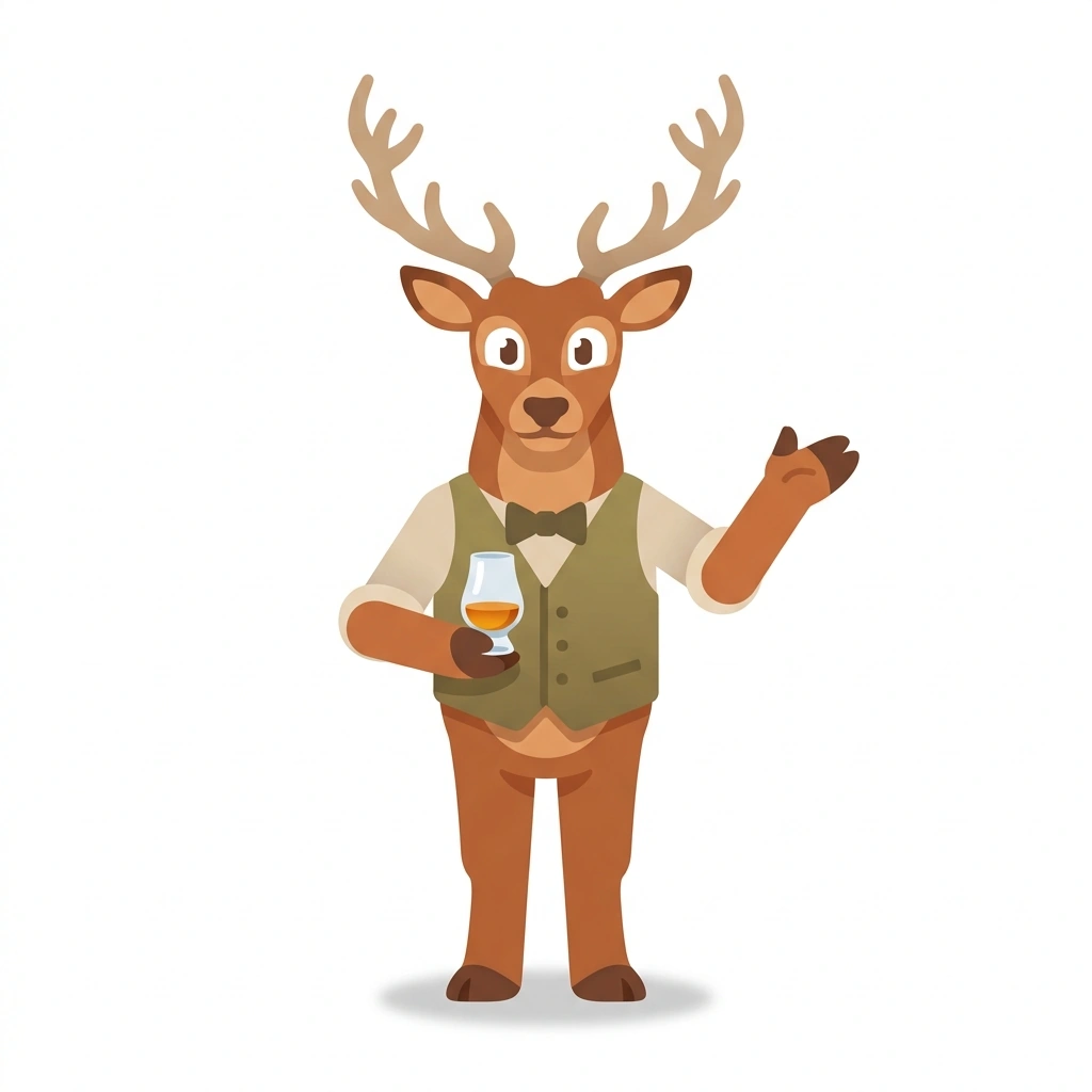 Stillsy the Stag, the guide who teaches the Scotch: Peat, Pot Stills, and Oak course