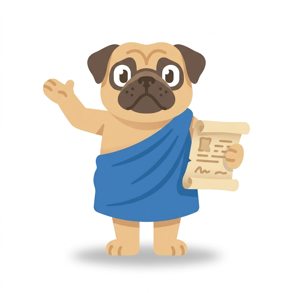 Plato the Pug, the guide who teaches the Philosophy for Real Life course