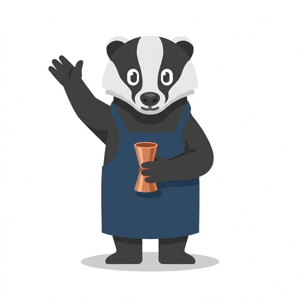 Barnaby the Badger, the guide who teaches the Mixology and Specialty Coffee course