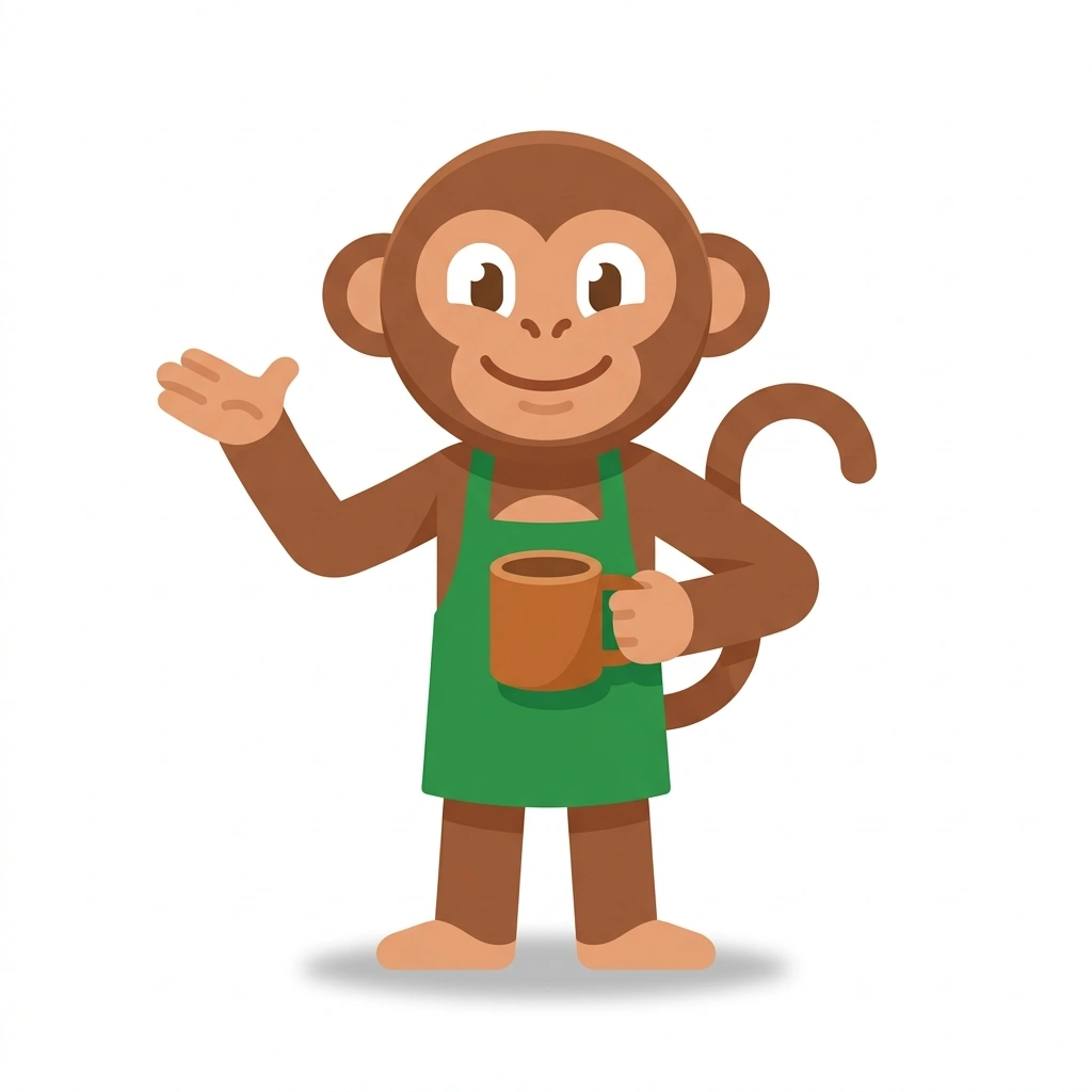 Mocha the Monkey, the guide who teaches the Decoding the Coffee Menu course