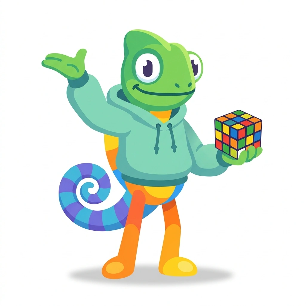 Cubi the Chameleon, the guide who teaches the Solving the Rubik's Cube course