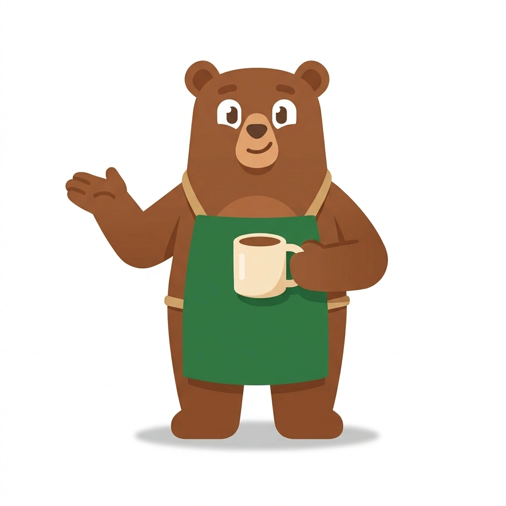 Bennie the Bear, the guide who teaches the Brewing Better Coffee course