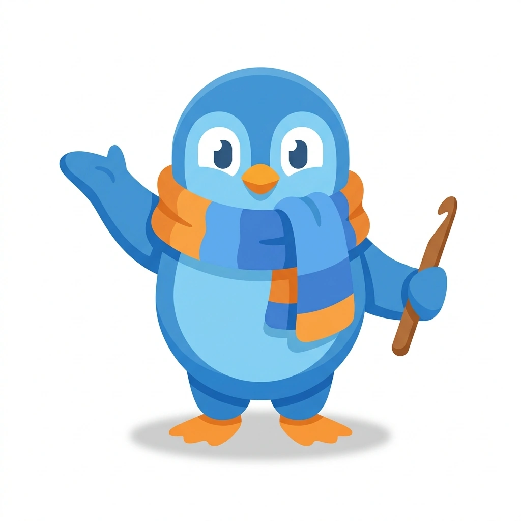 Pip the Penguin, the guide who teaches the Hands-On Crochet and Fiber Art course