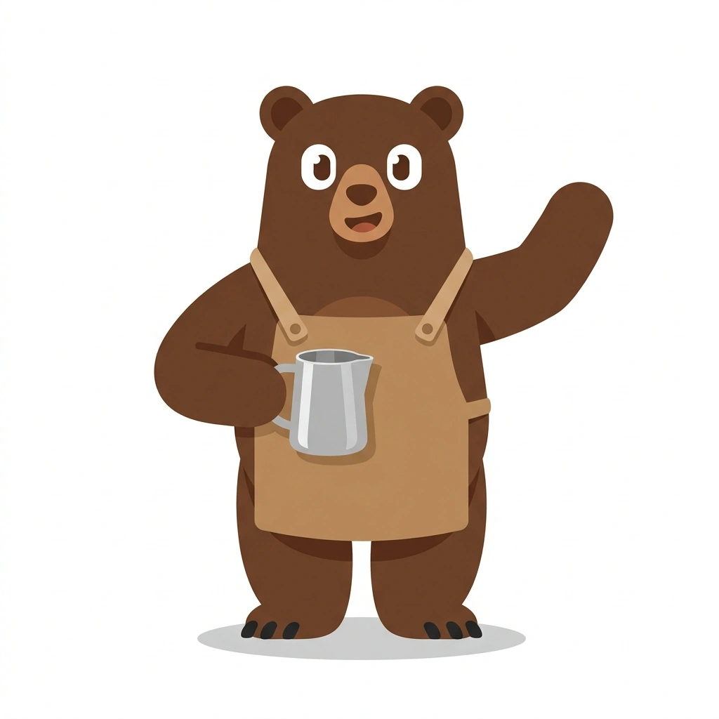 Barnaby the Bear, the guide who teaches the Pouring Latte Art course