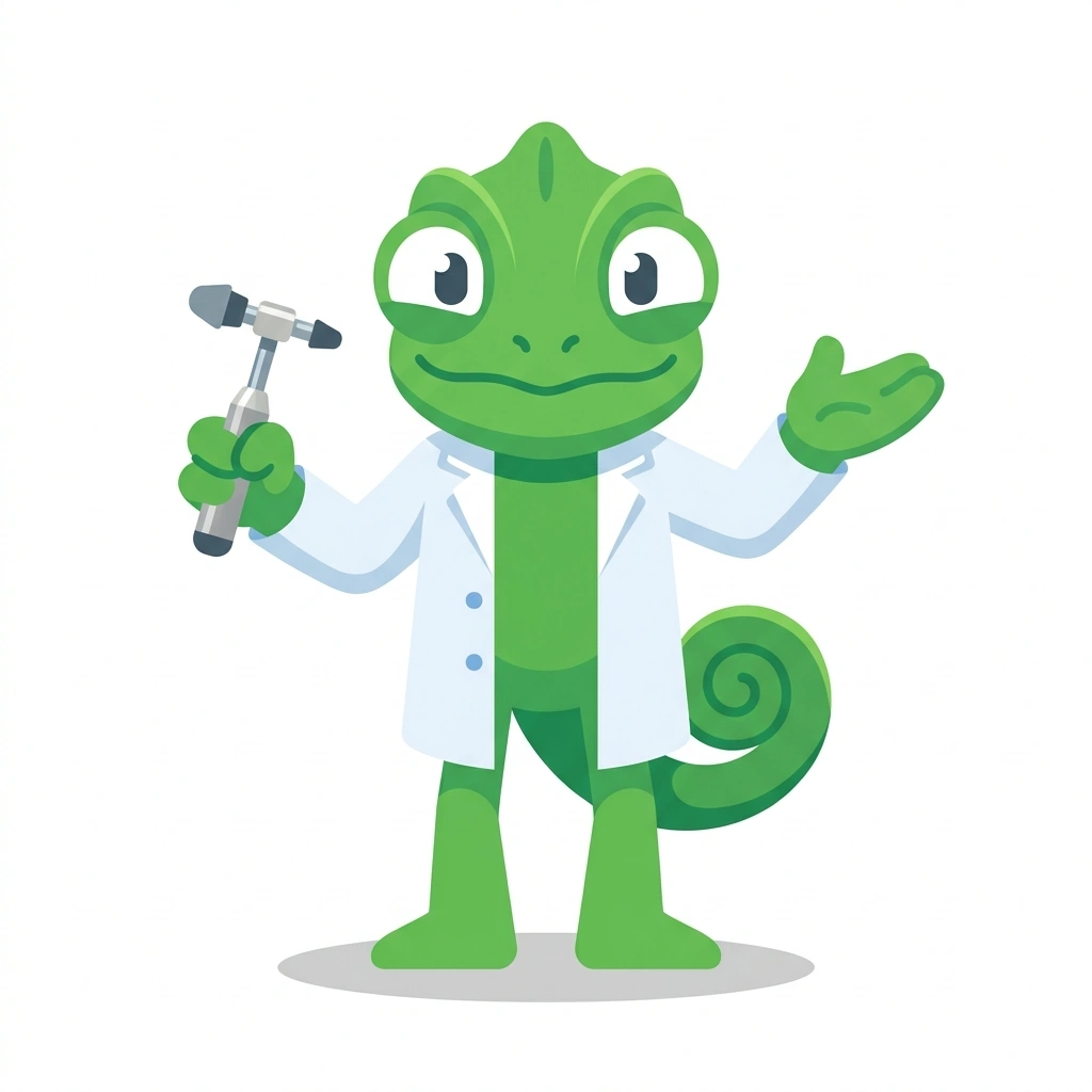 Cam the Chameleon, the guide who teaches the Modern Chiropractic Equipment course