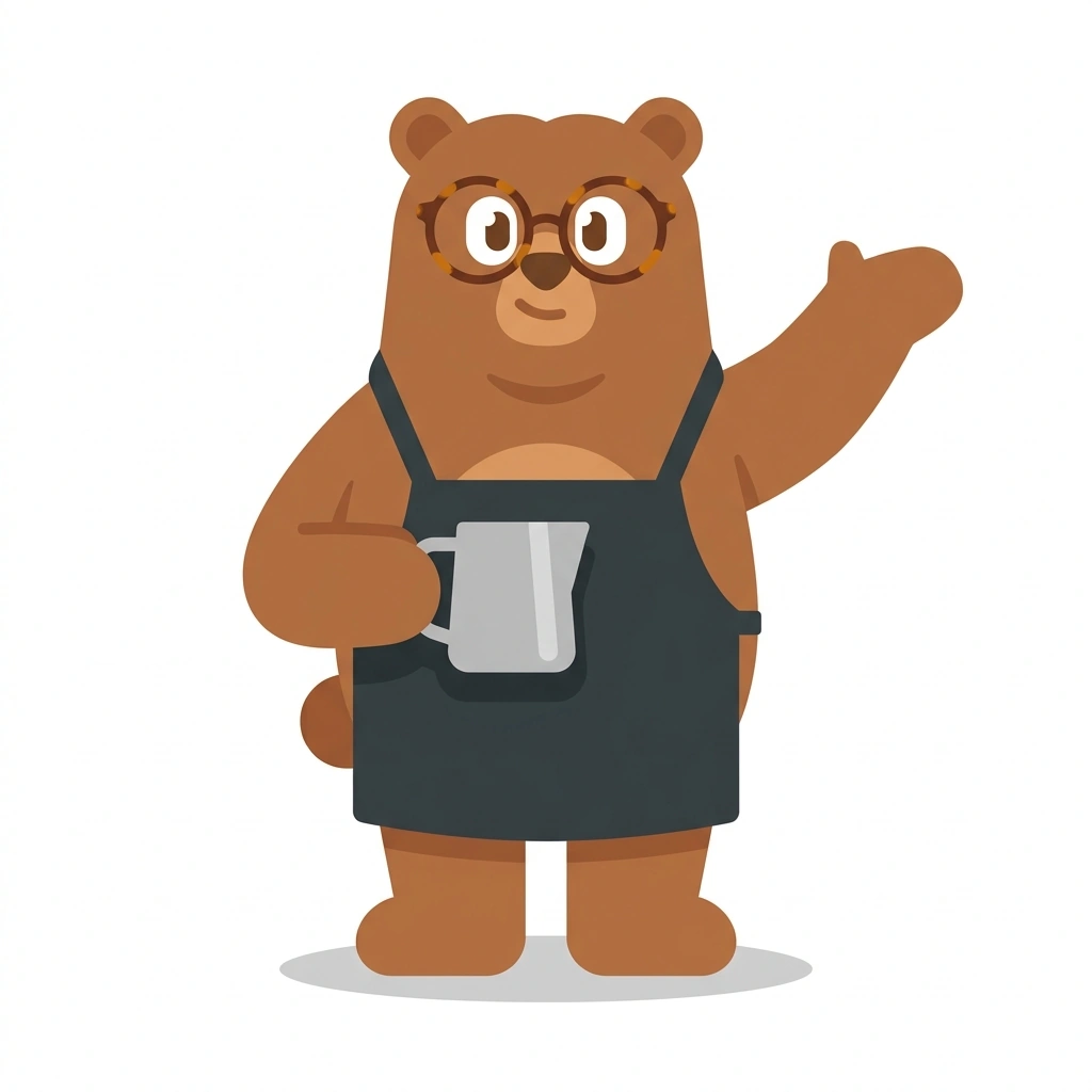 Brewster the Bear, the guide who teaches the Architecture of Coffee Drinks course