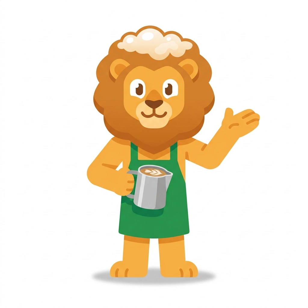Leo the Latte Lion, the guide who teaches the Latte Art at Home course