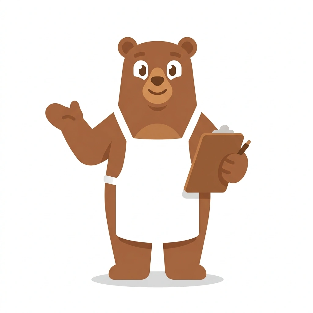 Barnaby the Bear, the guide who teaches the The Business of Food & Beverage course