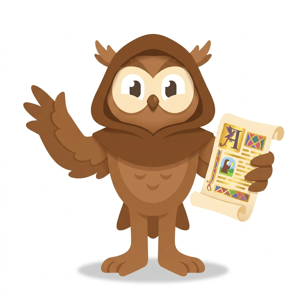 Padraig the Owl, the guide who teaches the Catholic Doctrine and History course