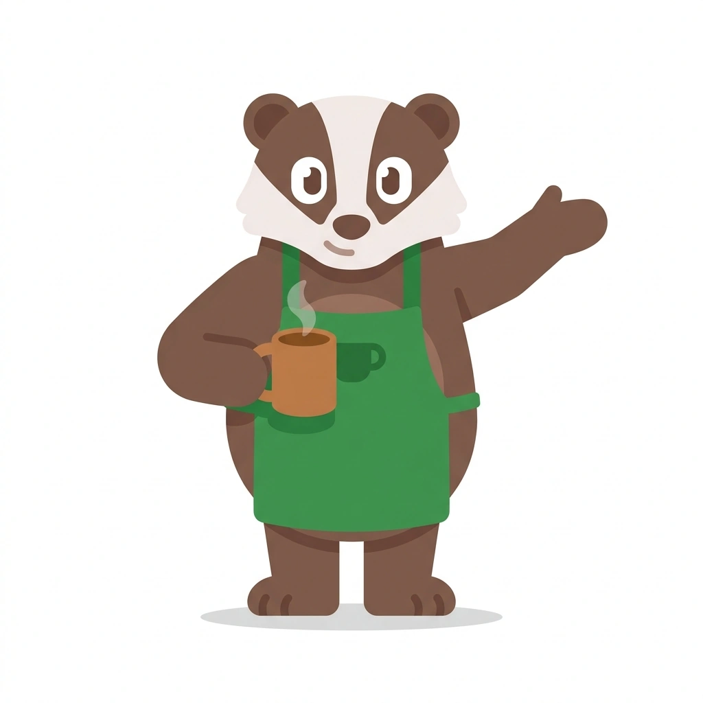 Brewster the Badger, the guide who teaches the Brewing Better Coffee course