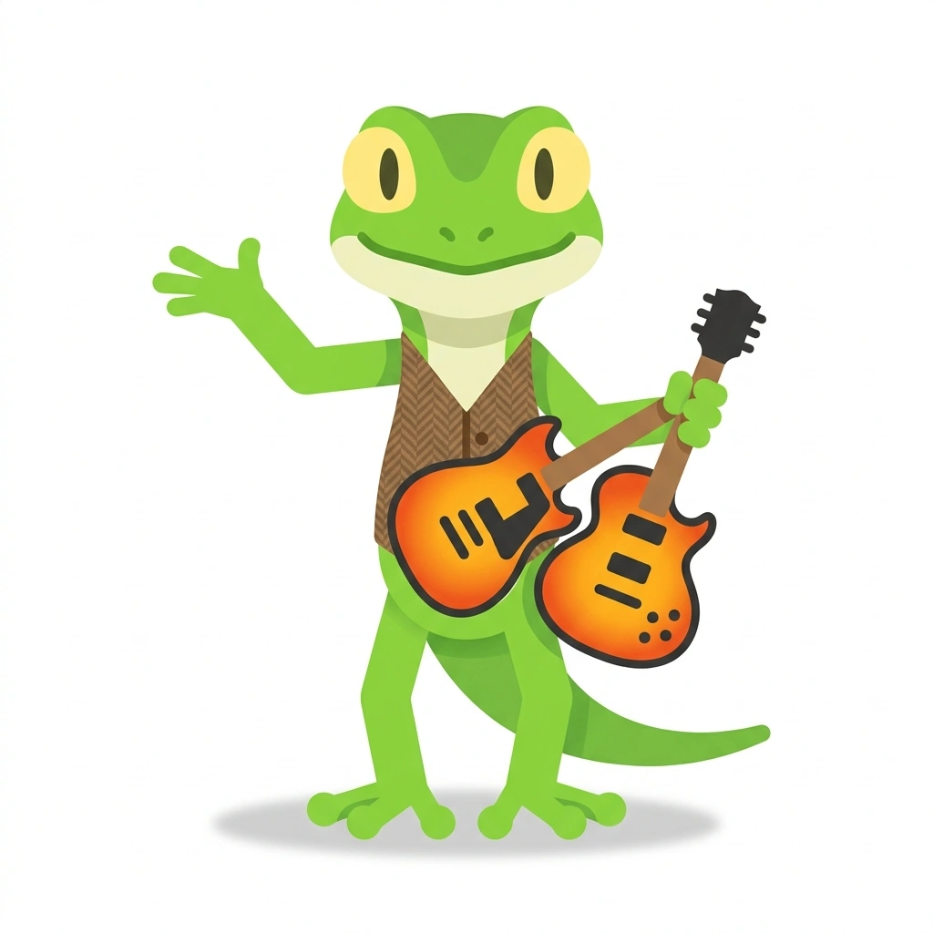 Grover the Gecko, the guide who teaches the Connecting the Guitar Fretboard course