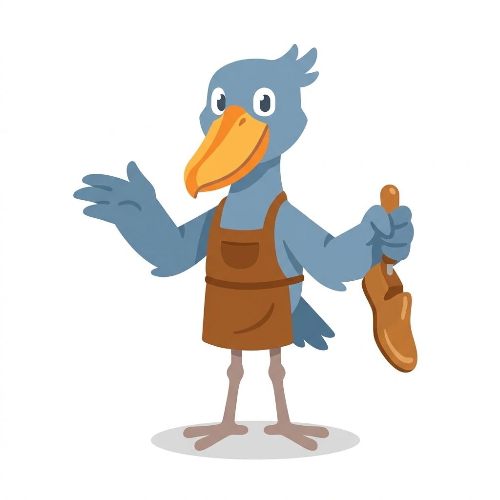 Sammy the Shoebill, the guide who teaches the The Craft of Shoe Making course