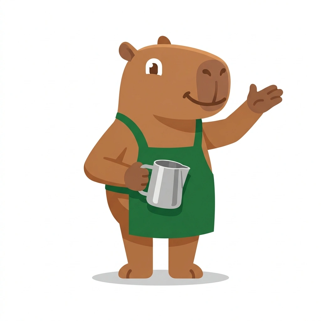 Cal the Capybara, the guide who teaches the Starting a Coffee Cart Business course