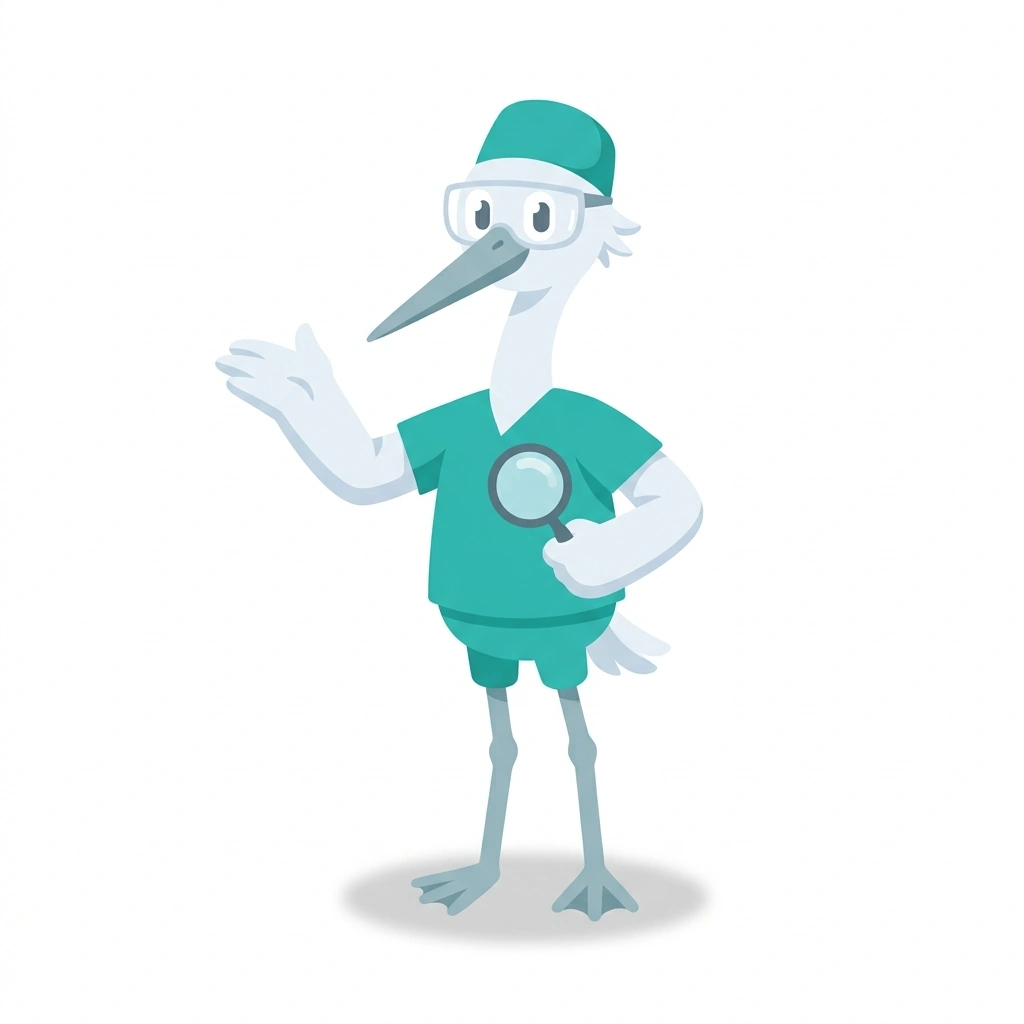 Sterling the Stork, the guide who teaches the Sterile Processing Practice course