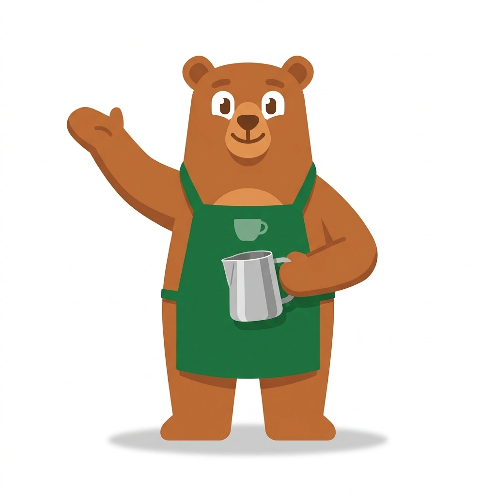 Barnaby the Bear, the guide who teaches the Espresso and Milk Craft course