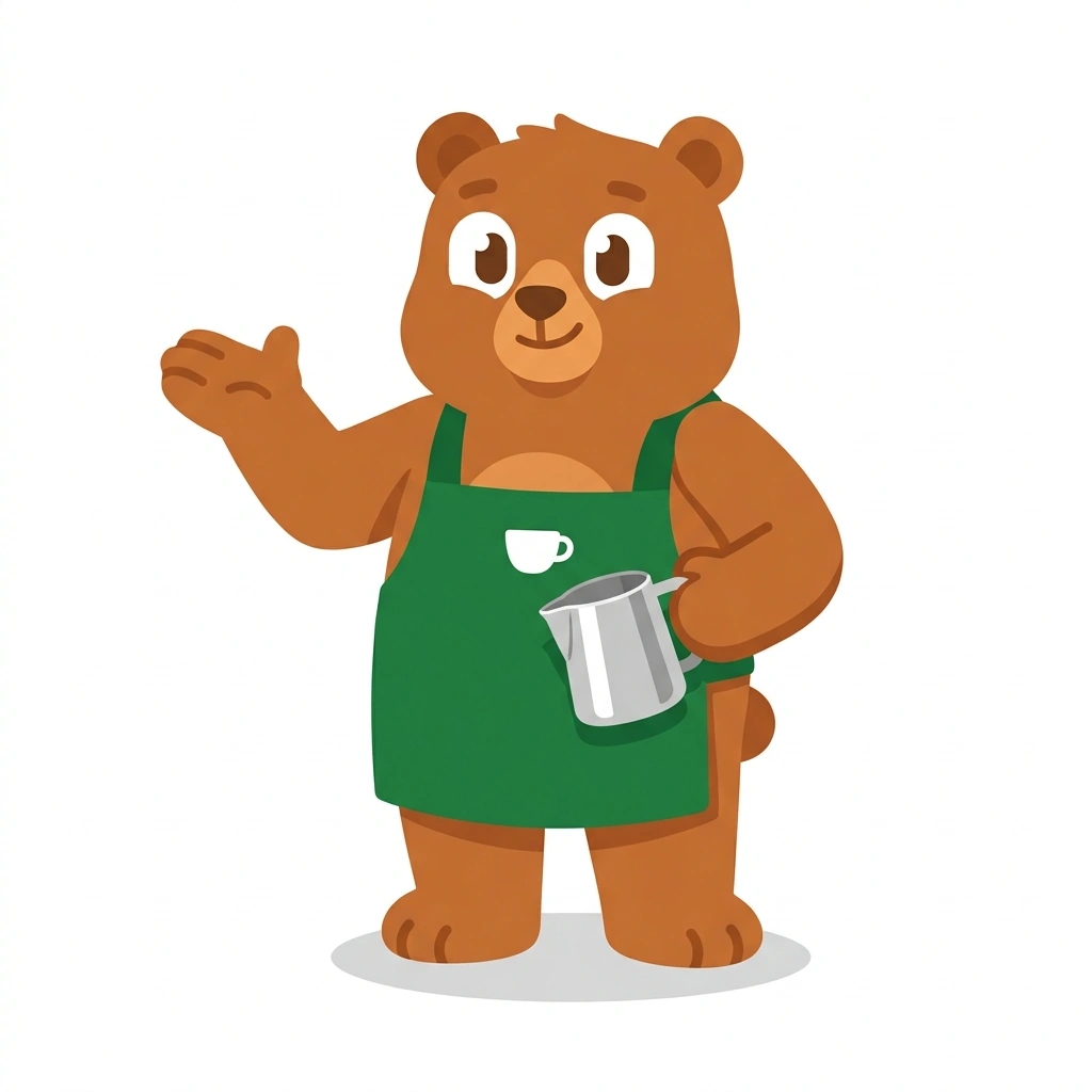 Brewster the Bear, the guide who teaches the Crafting Specialty Coffee Drinks course
