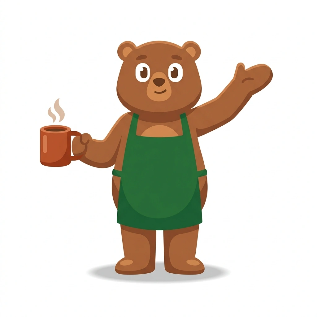 Barnaby the Bear, the guide who teaches the Brewing Great Coffee at Home course