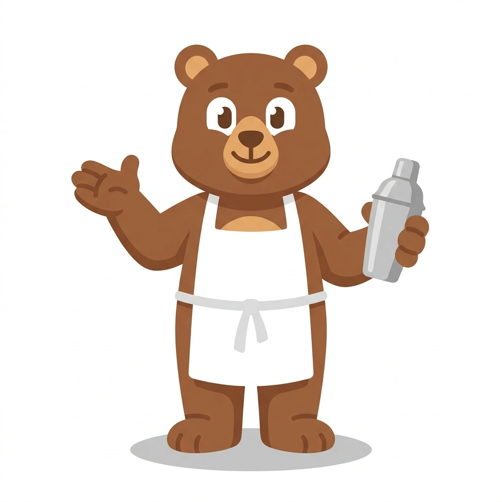 Bennie the Bear, the guide who teaches the Bartending: The Art of the Pour course