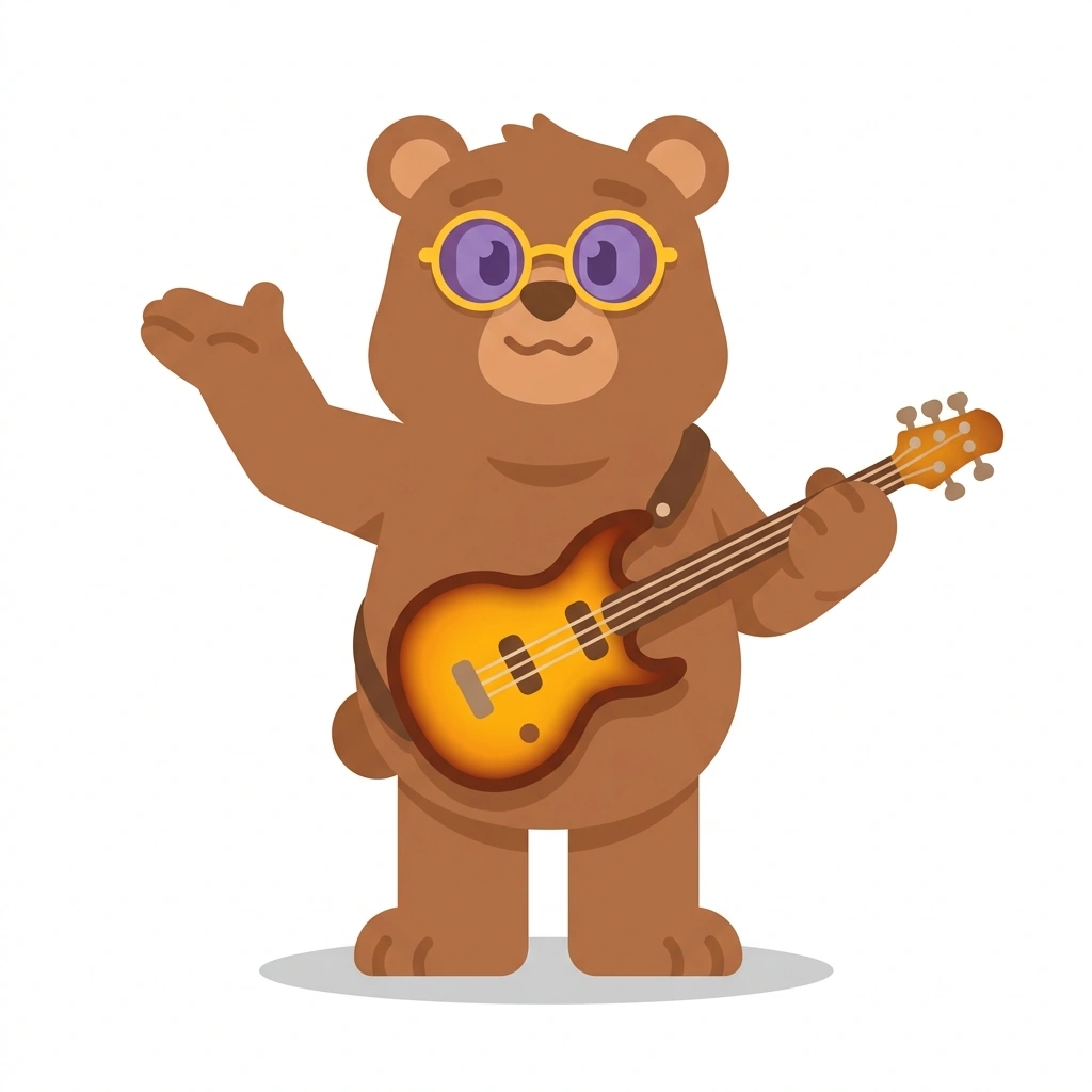 Barnaby the Bear, the guide who teaches the Electric Bass: Groove and Fluency course