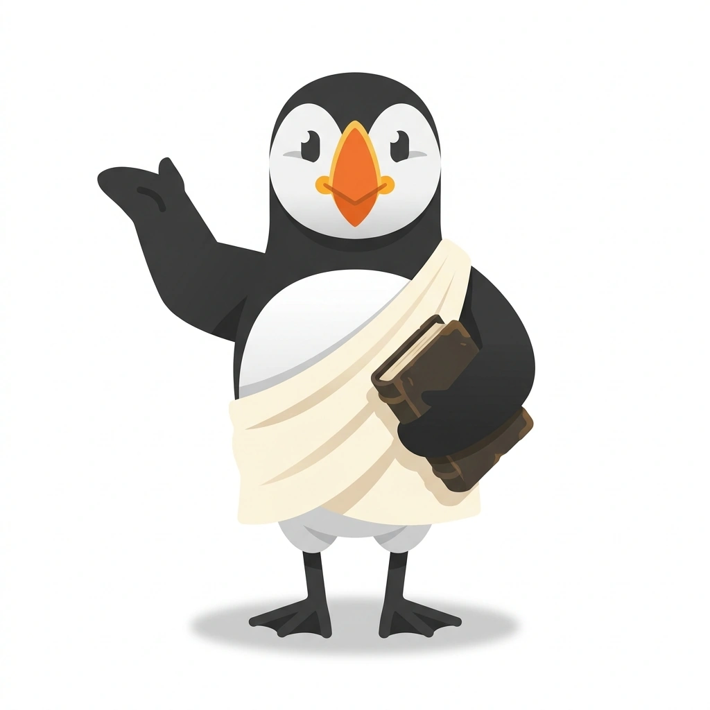 Plato the Puffin, the guide who teaches the Philosophy for Real Life course