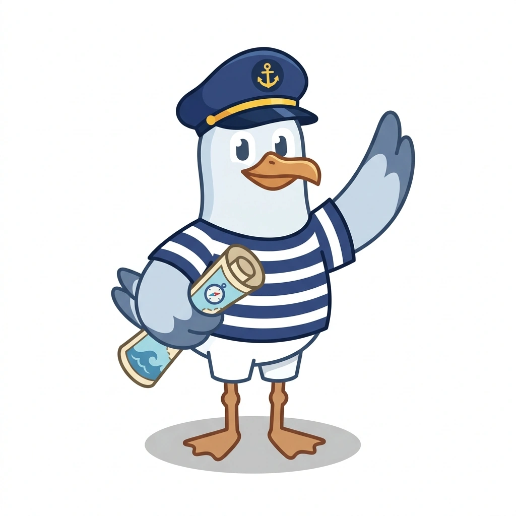 Salvo the Seagull, the guide who teaches the Maritime Law on the Open Seas course