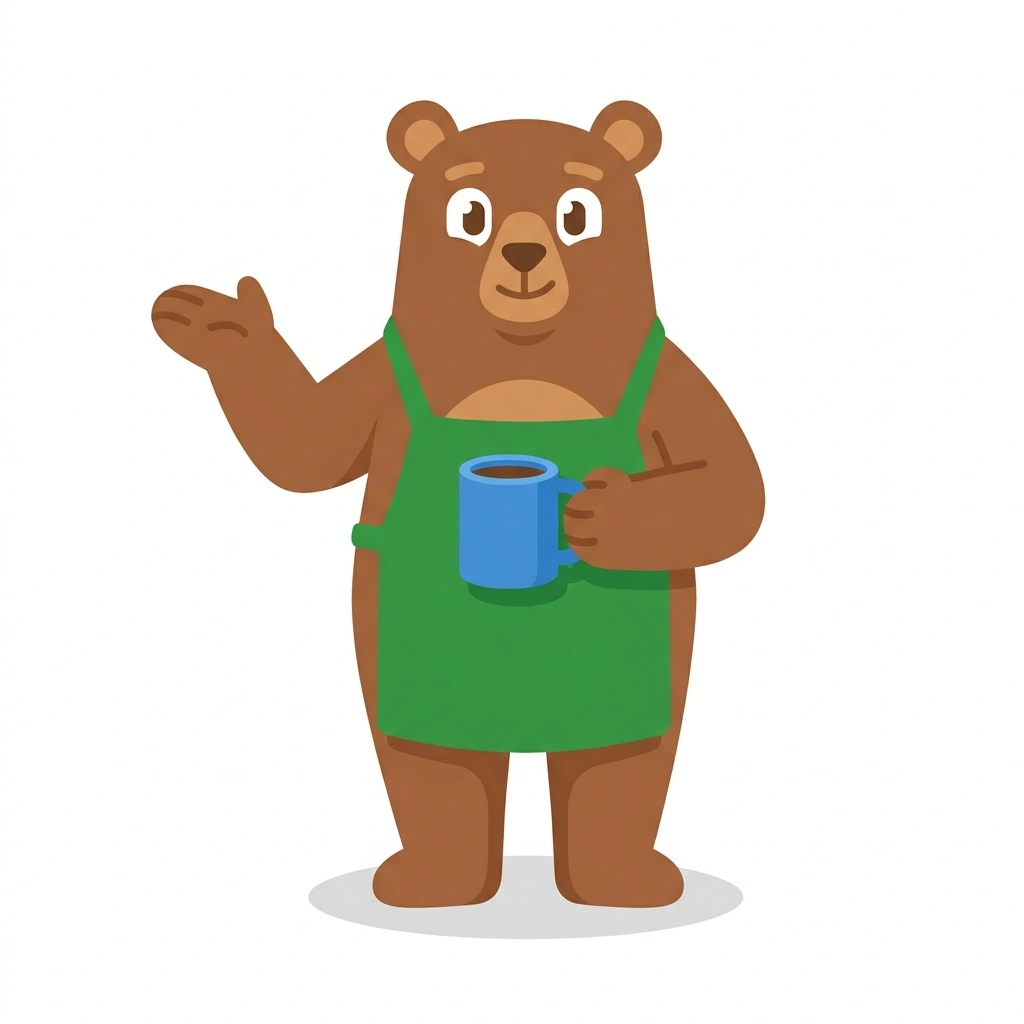 Brewster the Bear, the guide who teaches the How Coffee Gets Its Flavor course