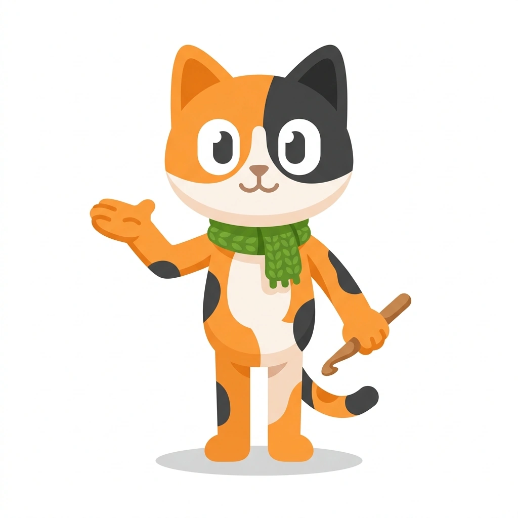 Cora the Cat, the guide who teaches the Crochet from the First Loop course