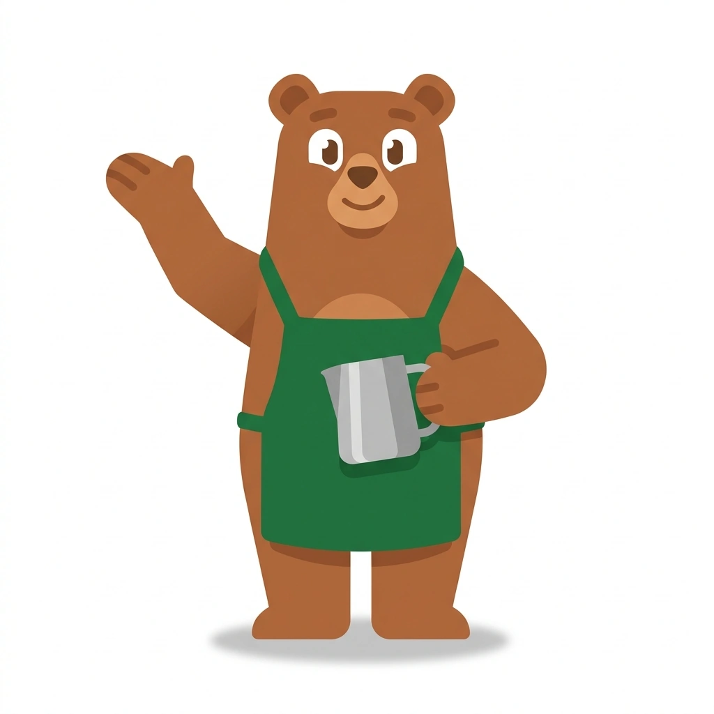 Bennie the Bear, the guide who teaches the Espresso Drink Proportions course