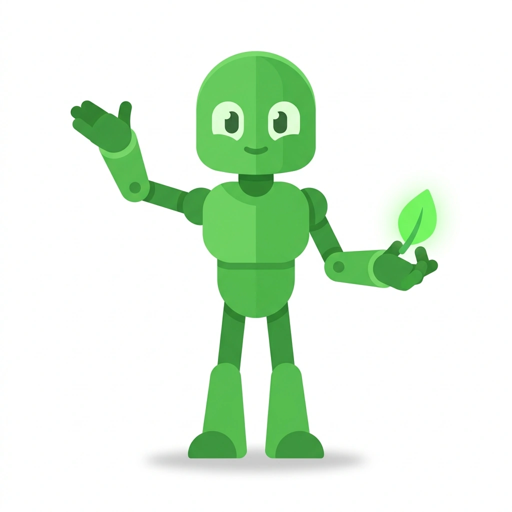 Leafy the Logic-Bot, the guide who teaches the Building a Greener Web course