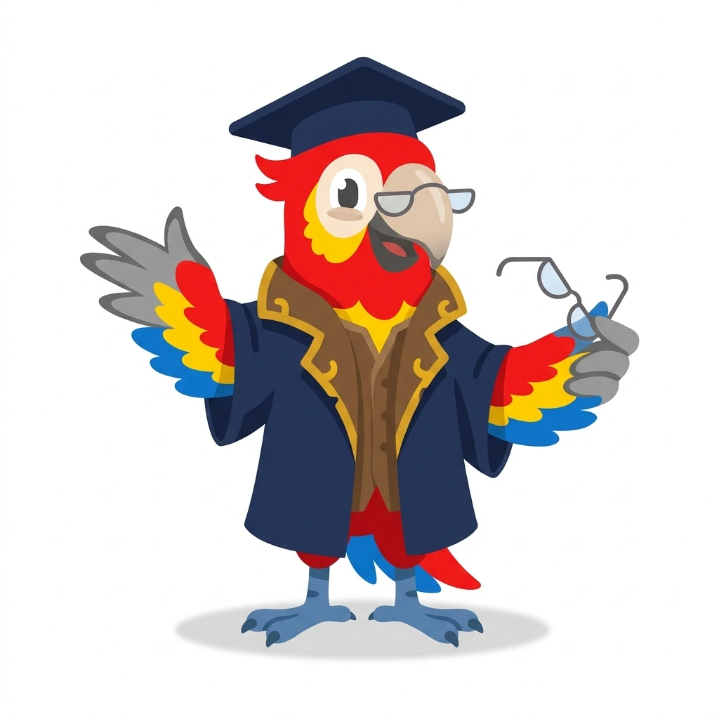 Professor Polly the Parrot, the guide who teaches the Pirate Myths and Maritime Reality course