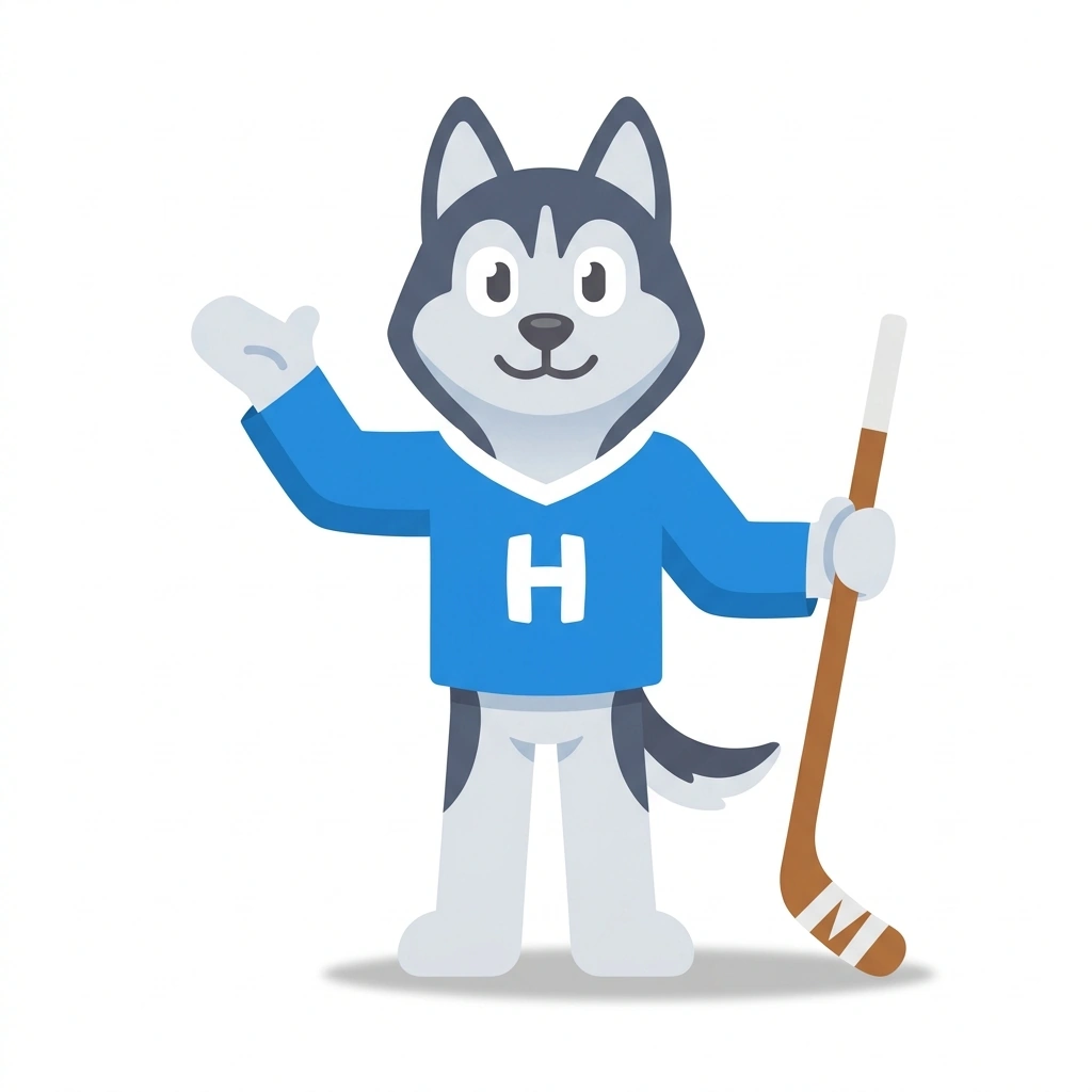 Harvey the Husky, the guide who teaches the How Ice Hockey Works course