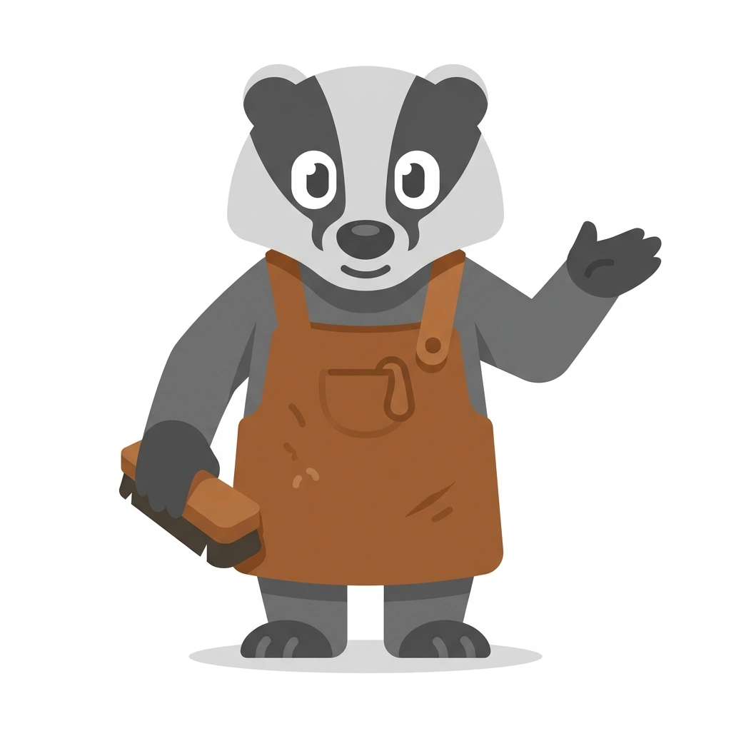 Barnaby the Badger, the guide who teaches the Shoe Care and Cobbling course