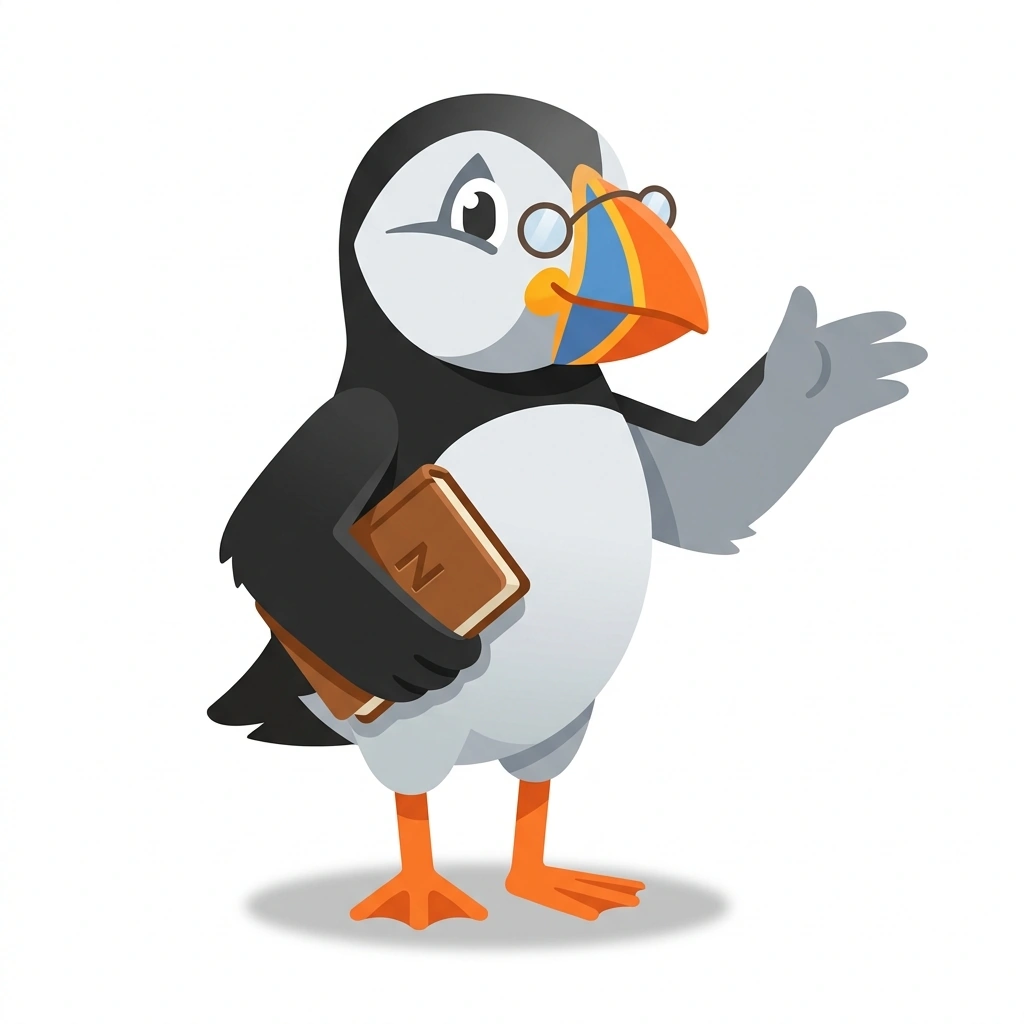 Penny the Puffin, the guide who teaches the Natural English in Practice course