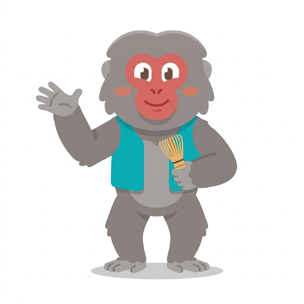 Mochi the Macaque, the guide who teaches the Everyday Matcha Drinks course