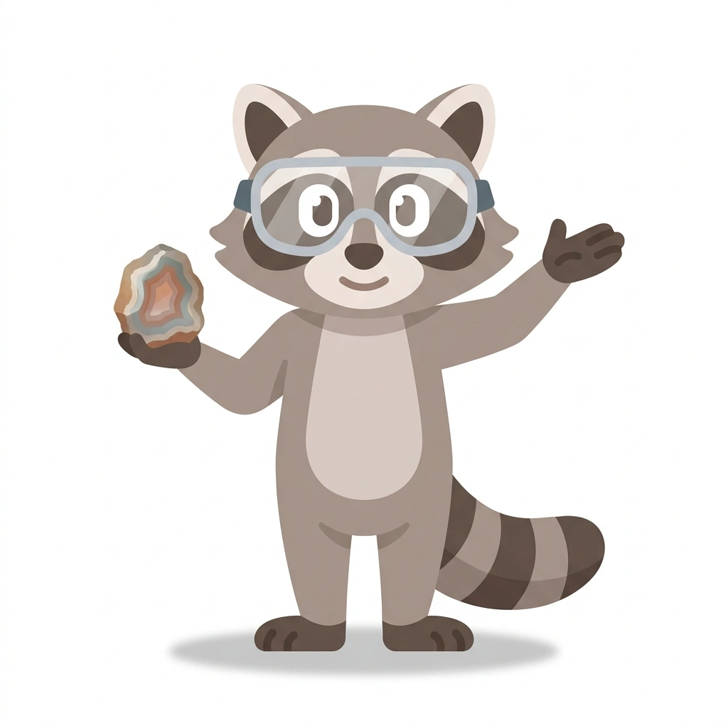 Rocky the Raccoon, the guide who teaches the Rotary Rock Tumbling course