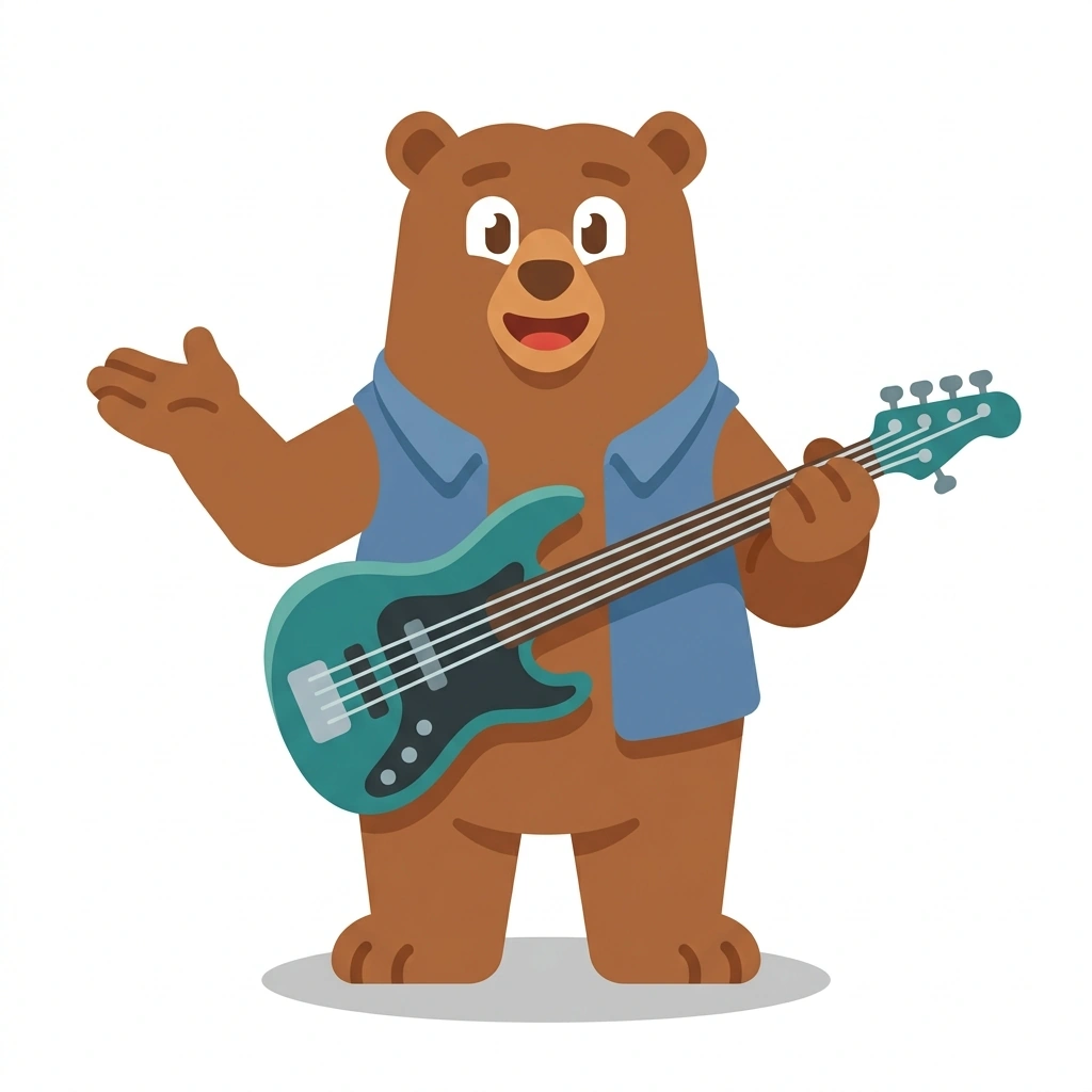 Barnaby the Bear, the guide who teaches the Playing Five-String Bass course