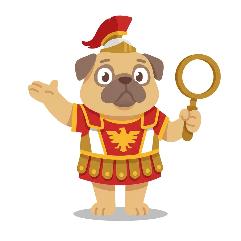 Pliny the Pug, the guide who teaches the Destruction of Pompeii and Herculaneum course