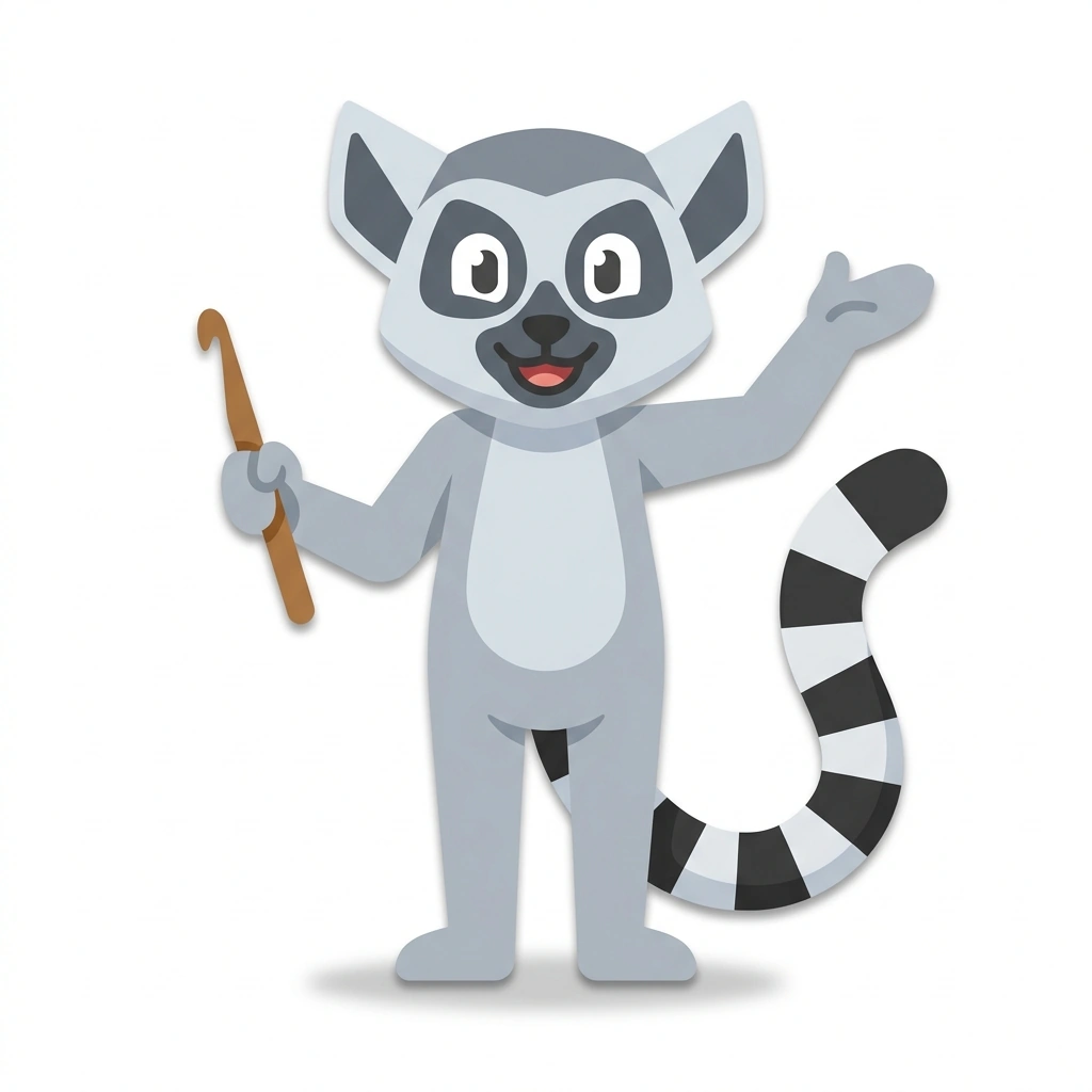 Lefty the Lemur, the guide who teaches the Left-Handed Single Crochet course