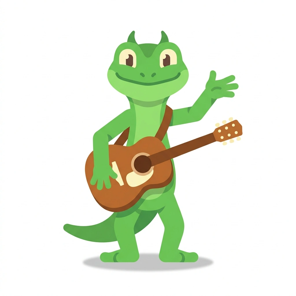 Gus the Gecko, the guide who teaches the First Songs on Guitar course