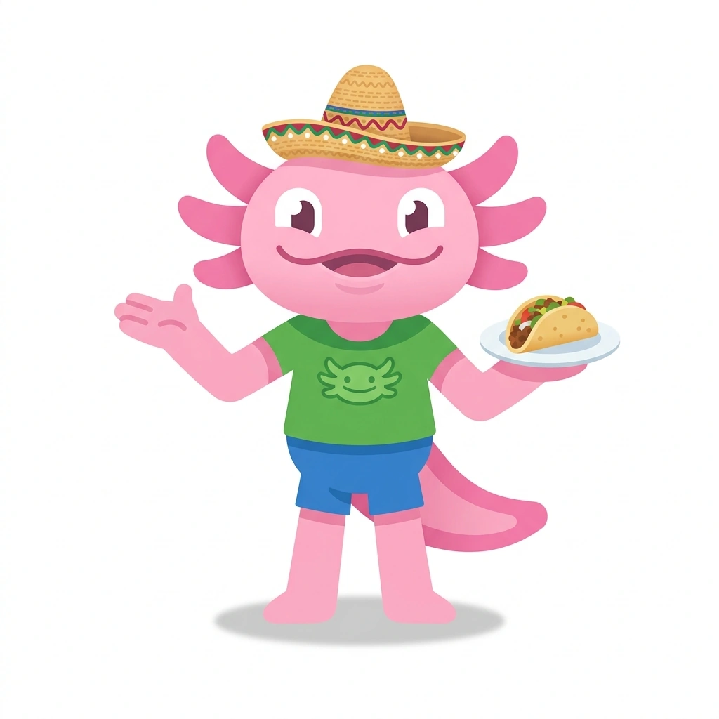 Mateo the Axolotl, the guide who teaches the Everyday Mexican Spanish course