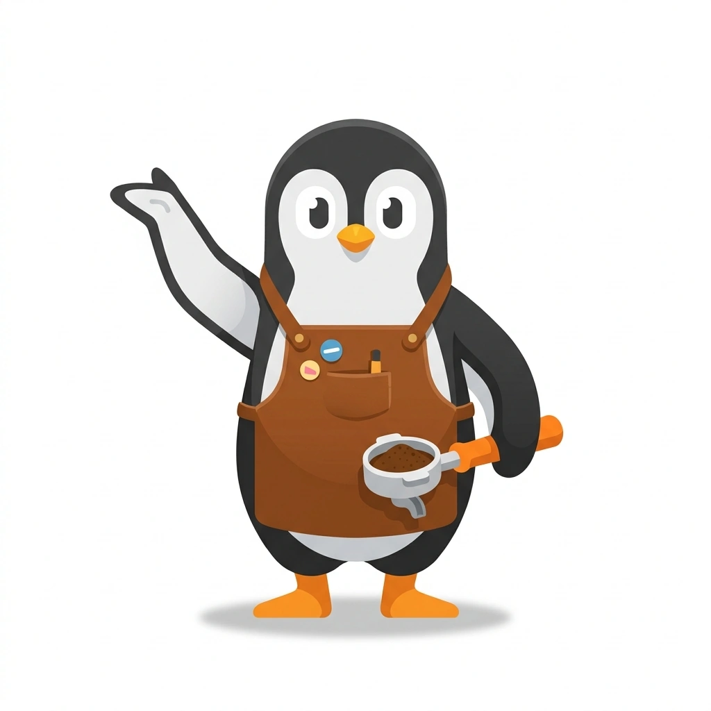 Puck the Penguin, the guide who teaches the Advanced Espresso Extraction course