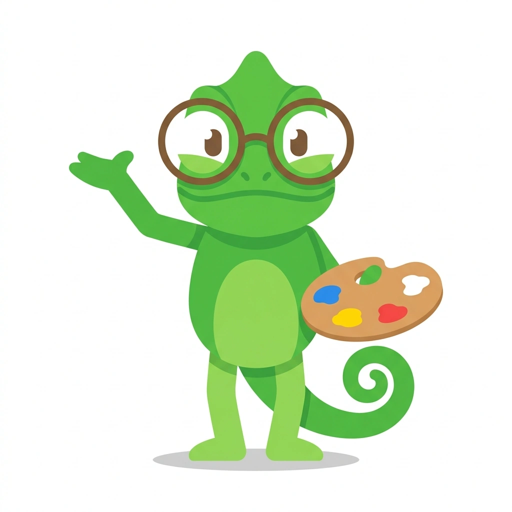 Chroma the Chameleon, the guide who teaches the Toxic Pigments in Art History course