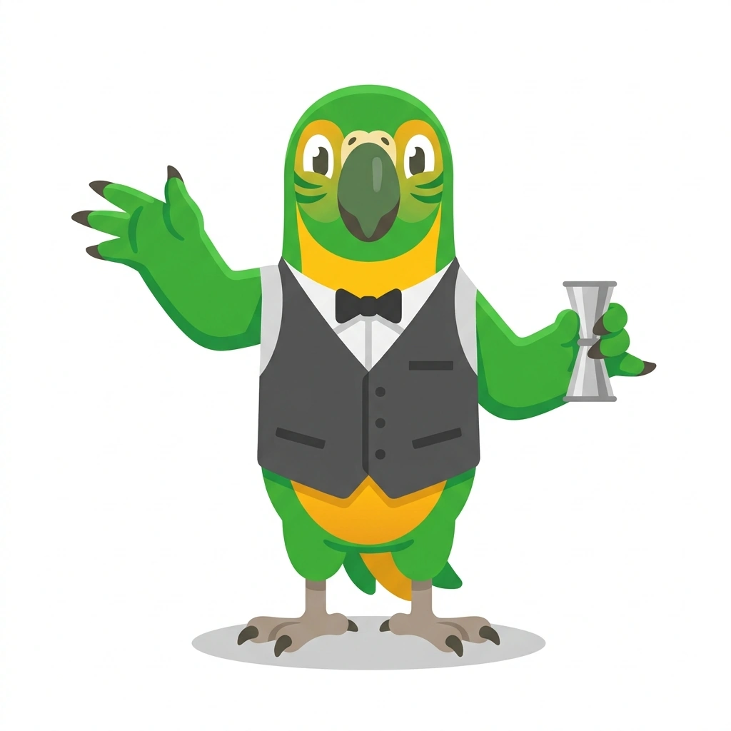 Milo the Macaw, the guide who teaches the Modern Cocktail Architecture course