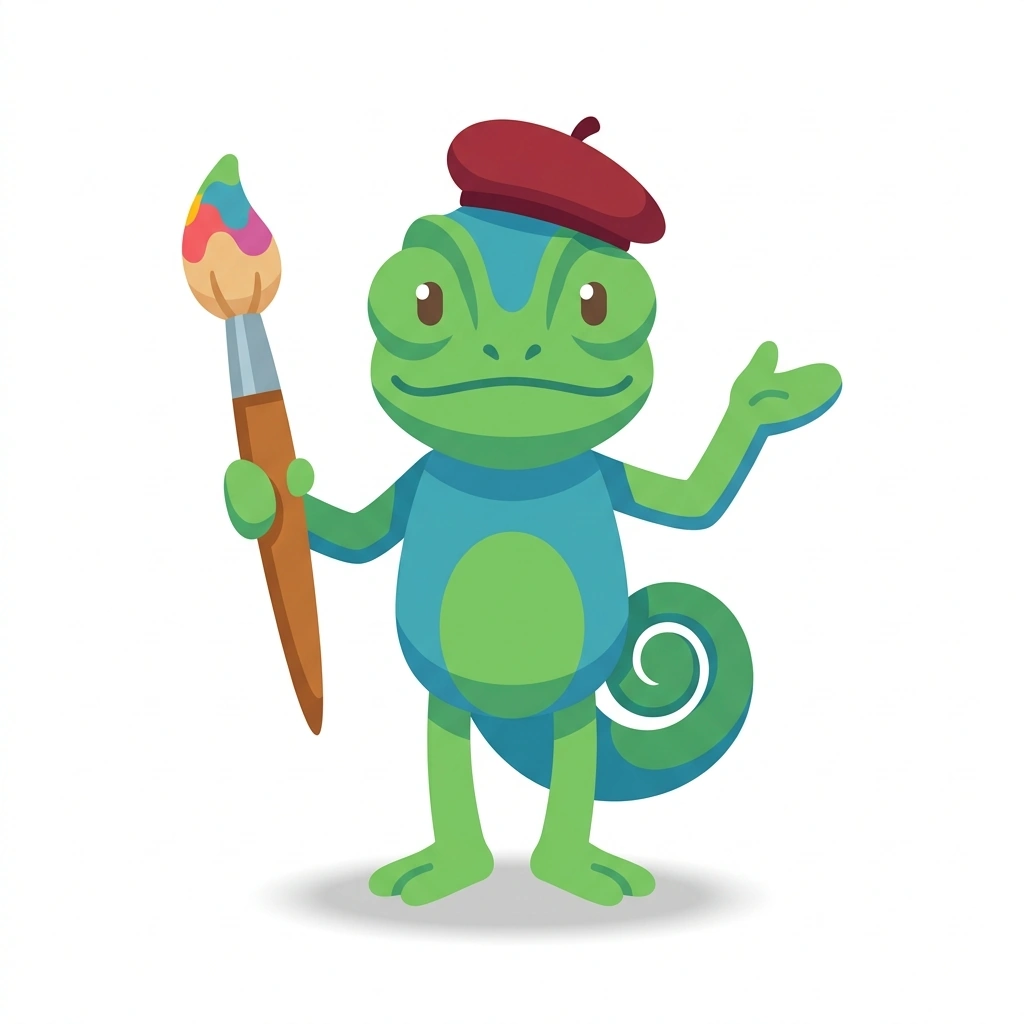 Crea the Chameleon, the guide who teaches the The Creator's Toolkit: From Kitchen to Camera course