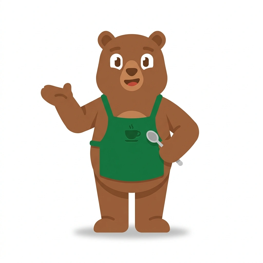Bean-Bean the Bear, the guide who teaches the Tasting Coffee Without the Cream course