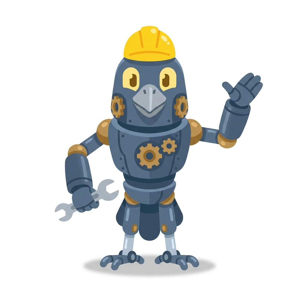 Robi der Rabe, the guide who teaches the Wie Roboter Funktionieren course