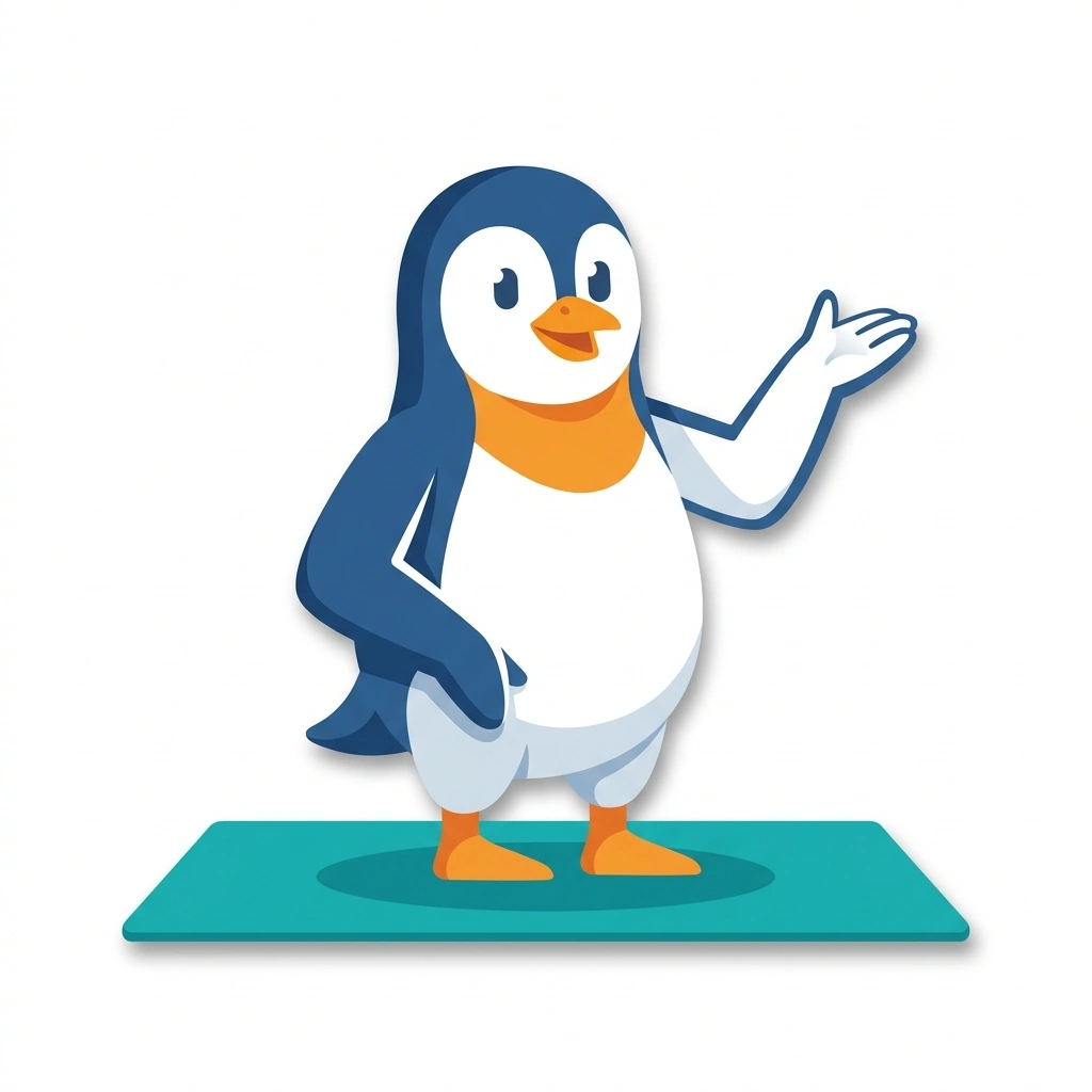 Penny the Penguin, the guide who teaches the Pilates Mat Fundamentals course